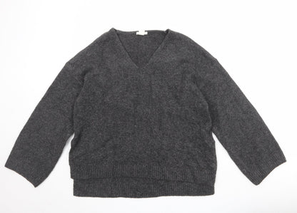 H&M Womens Grey V-Neck Acrylic Pullover Jumper Size M