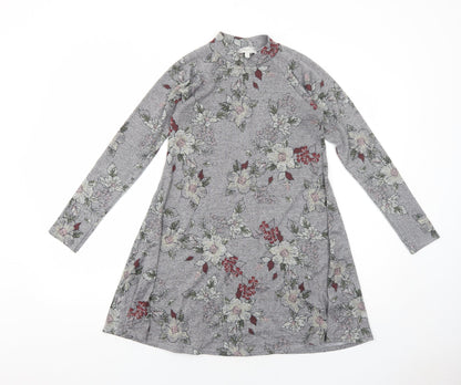 Apricot Womens Grey Floral Polyester Jumper Dress Size 8 Round Neck Pullover