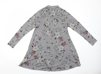 Apricot Womens Grey Floral Polyester Jumper Dress Size 8 Round Neck Pullover