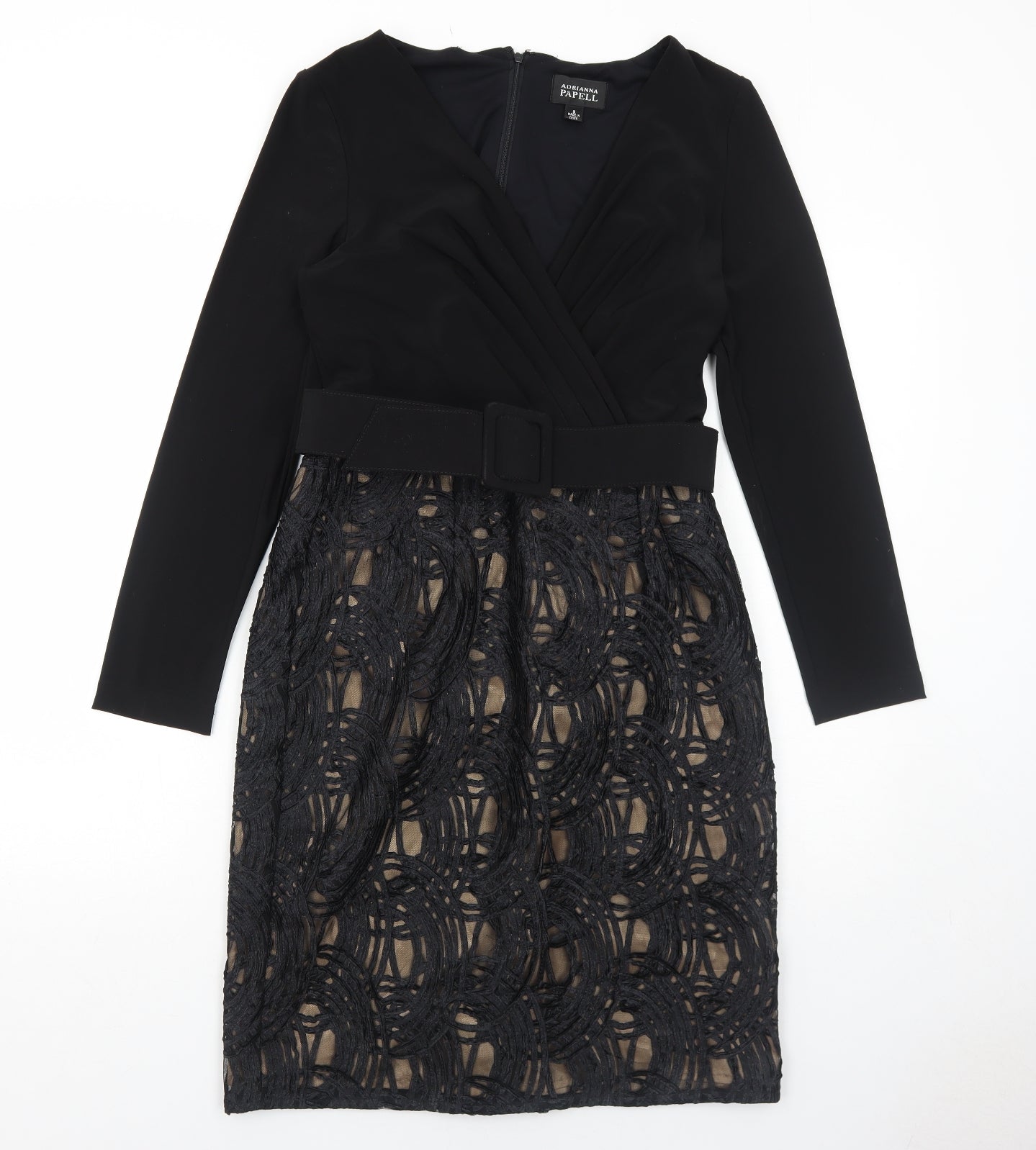 Adrianna Papell Womens Black Geometric Polyester A-Line Size 8 V-Neck Zip