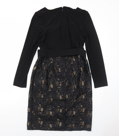 Adrianna Papell Womens Black Geometric Polyester A-Line Size 8 V-Neck Zip