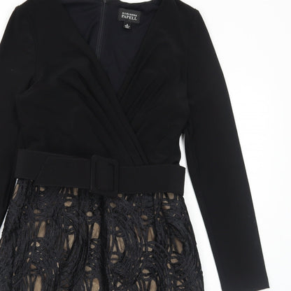 Adrianna Papell Womens Black Geometric Polyester A-Line Size 8 V-Neck Zip