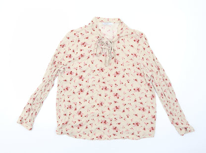RESERVED Womens Beige Floral Viscose Basic Blouse Size 12 V-Neck