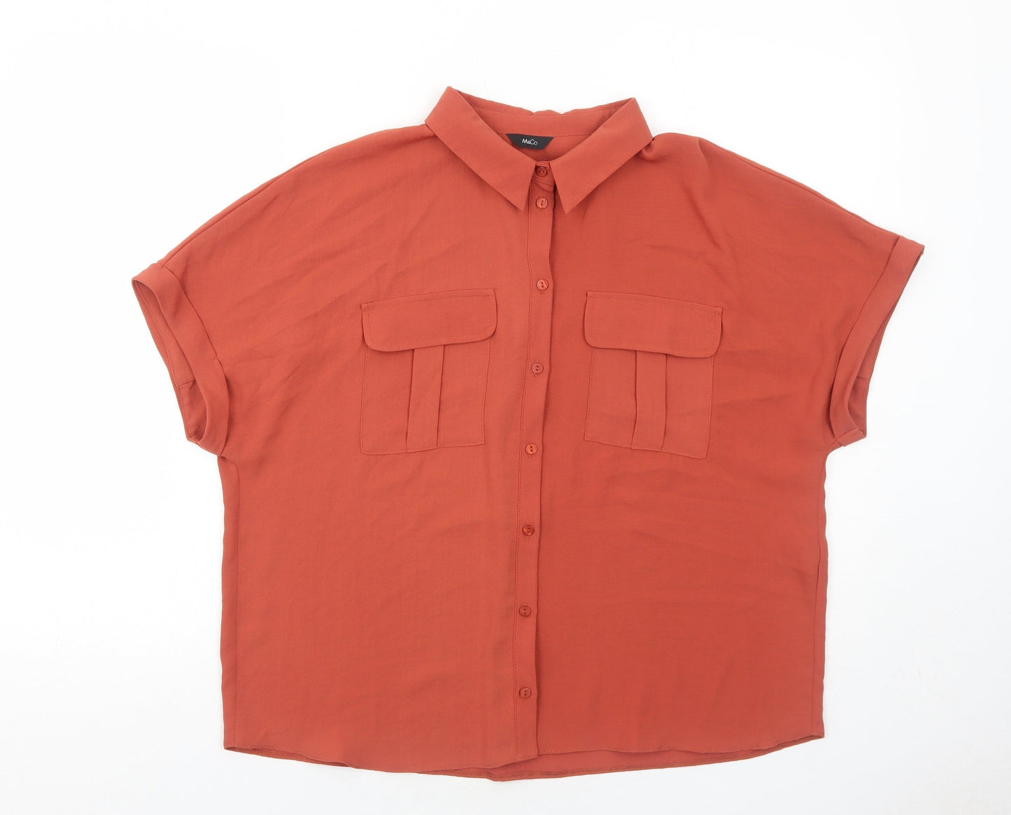 M&Co Womens Orange Polyester Basic Button-Up Size 14 Collared