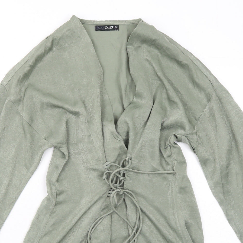 Quiz Womens Green Polyester Skater Dress Size 6 V-Neck Zip