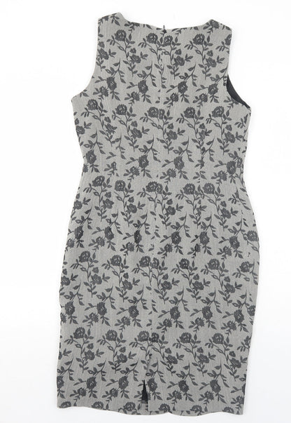 Planet Womens Grey Floral Polyester Pencil Dress Size 8 Boat Neck Zip