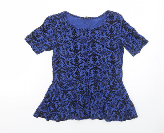 CMD Womens Blue Geometric Viscose Basic T-Shirt Size 10 Round Neck