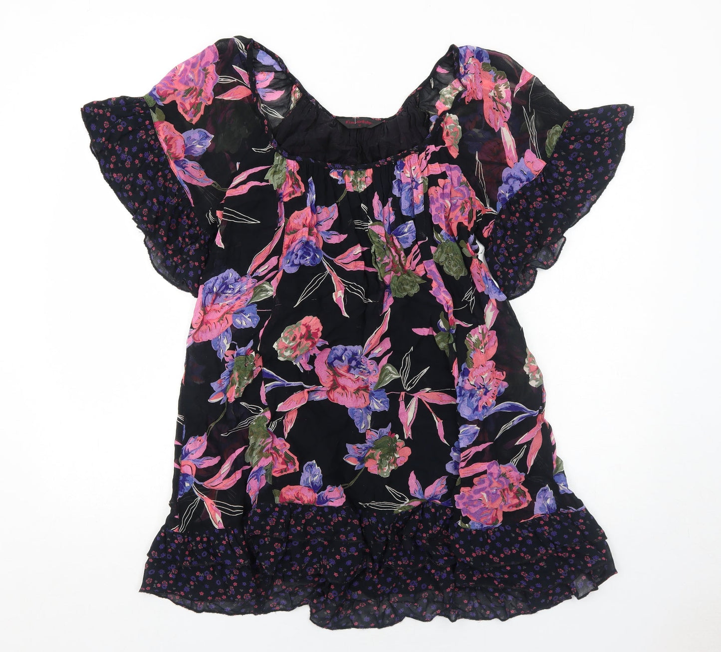 Miss Selfridge Womens Black Floral Polyester Mini Size 12 Boat Neck Pullover