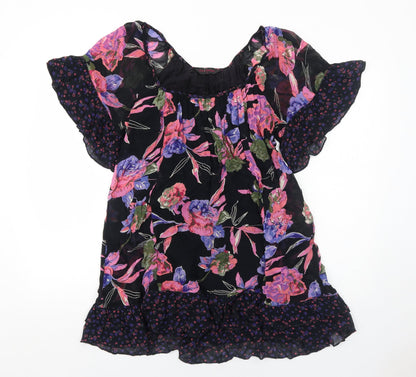 Miss Selfridge Womens Black Floral Polyester Mini Size 12 Boat Neck Pullover