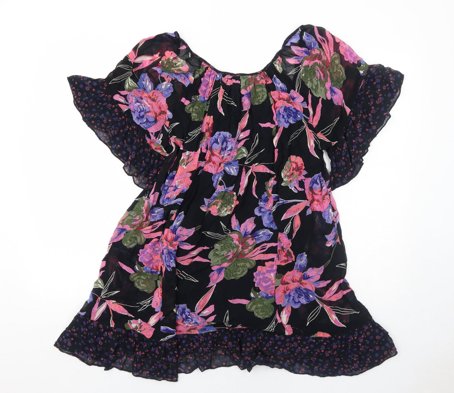 Miss Selfridge Womens Black Floral Polyester Mini Size 12 Boat Neck Pullover