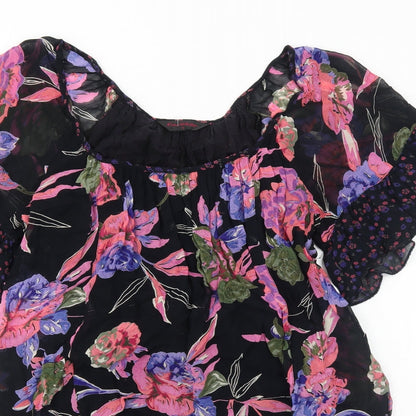 Miss Selfridge Womens Black Floral Polyester Mini Size 12 Boat Neck Pullover