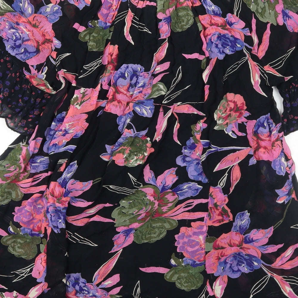 Miss Selfridge Womens Black Floral Polyester Mini Size 12 Boat Neck Pullover