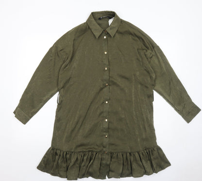 Zara Womens Green Polyester Shirt Dress Size S Collared Button