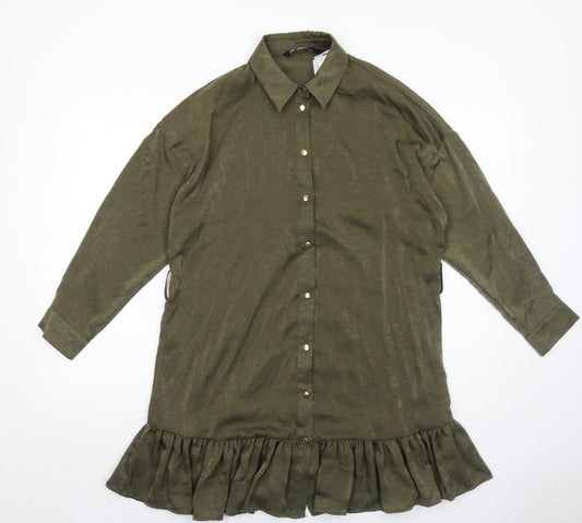 Zara Womens Green Polyester Shirt Dress Size S Collared Button
