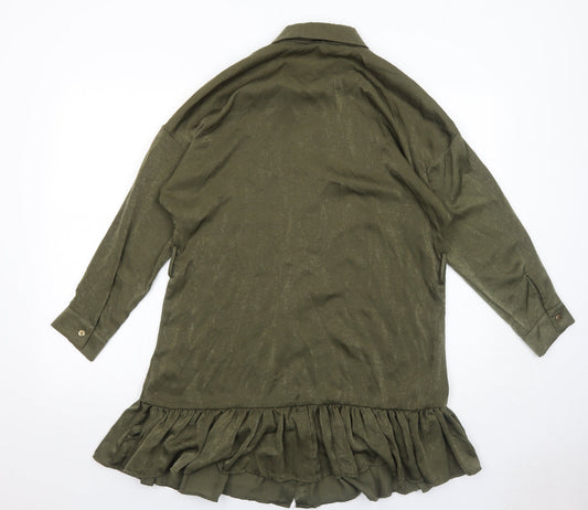 Zara Womens Green Polyester Shirt Dress Size S Collared Button