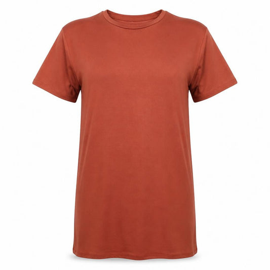 Front view of ASOS women’s brown polyester t-shirt dress, size UK 6, round neck pullover