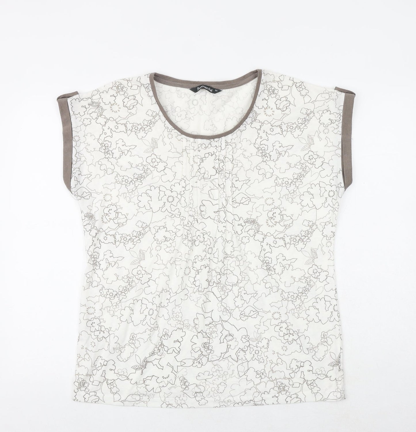 Bonmarché Womens White Geometric Polyester Basic T-Shirt Size 14 Round Neck