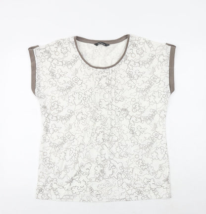 Bonmarché Womens White Geometric Polyester Basic T-Shirt Size 14 Round Neck