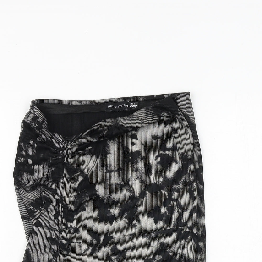 PRETTYLITTLETHING Womens Black Geometric Polyester Bandage Skirt Size 8 Tie