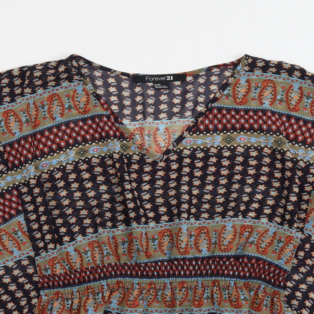FOREVER 21 Womens Multicoloured Geometric Polyester Basic Blouse Size M V-Neck