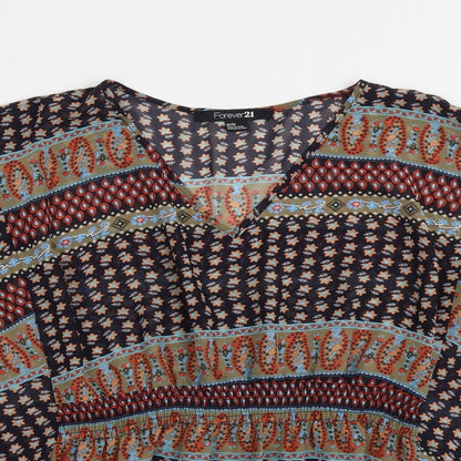 FOREVER 21 Womens Multicoloured Geometric Polyester Basic Blouse Size M V-Neck
