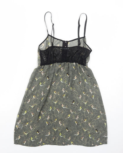 Kimchi Blue Womens Green Geometric Polyester Slip Dress Size XS Square Neck Hook & Eye - Bird Pattern
