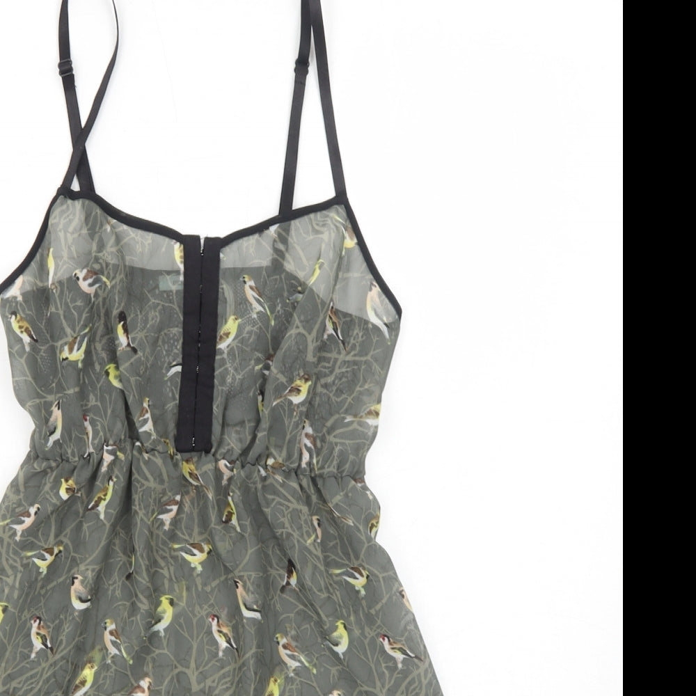 Kimchi Blue Womens Green Geometric Polyester Slip Dress Size XS Square Neck Hook & Eye - Bird Pattern