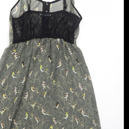 Kimchi Blue Womens Green Geometric Polyester Slip Dress Size XS Square Neck Hook & Eye - Bird Pattern