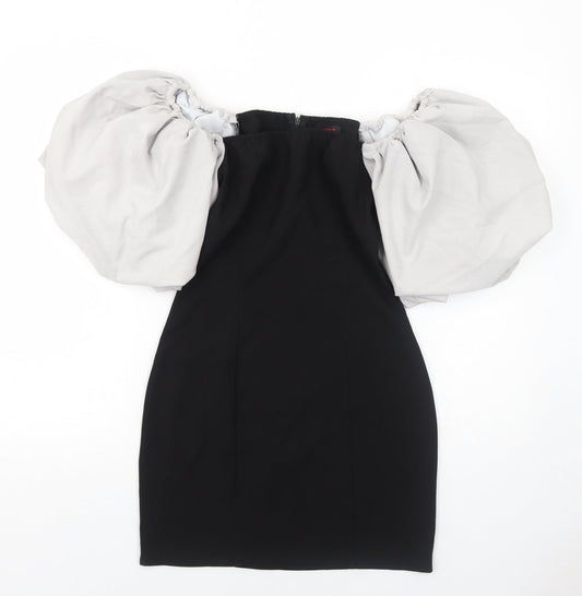 Misspap Womens Black Colourblock Polyester Bodycon Size 8 Square Neck Zip