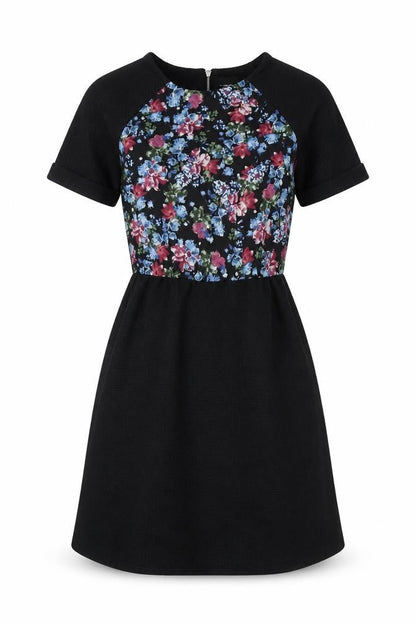 Warehouse Womens Black Floral Polyester Fit & Flare Size 6 Boat Neck Zip