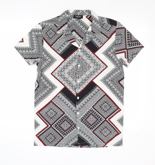 Boohoo Womens Multicoloured Geometric Polyester Basic Button-Up Size S Collared