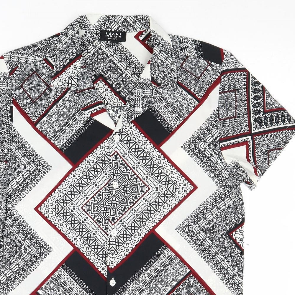 Boohoo Womens Multicoloured Geometric Polyester Basic Button-Up Size S Collared