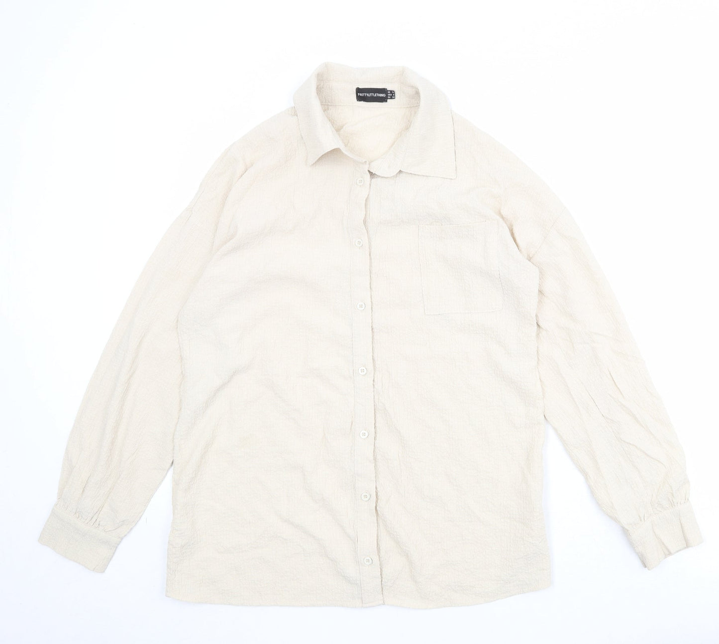 PRETTYLITTLETHING Womens Beige Polyester Basic Button-Up Size 12 Collared