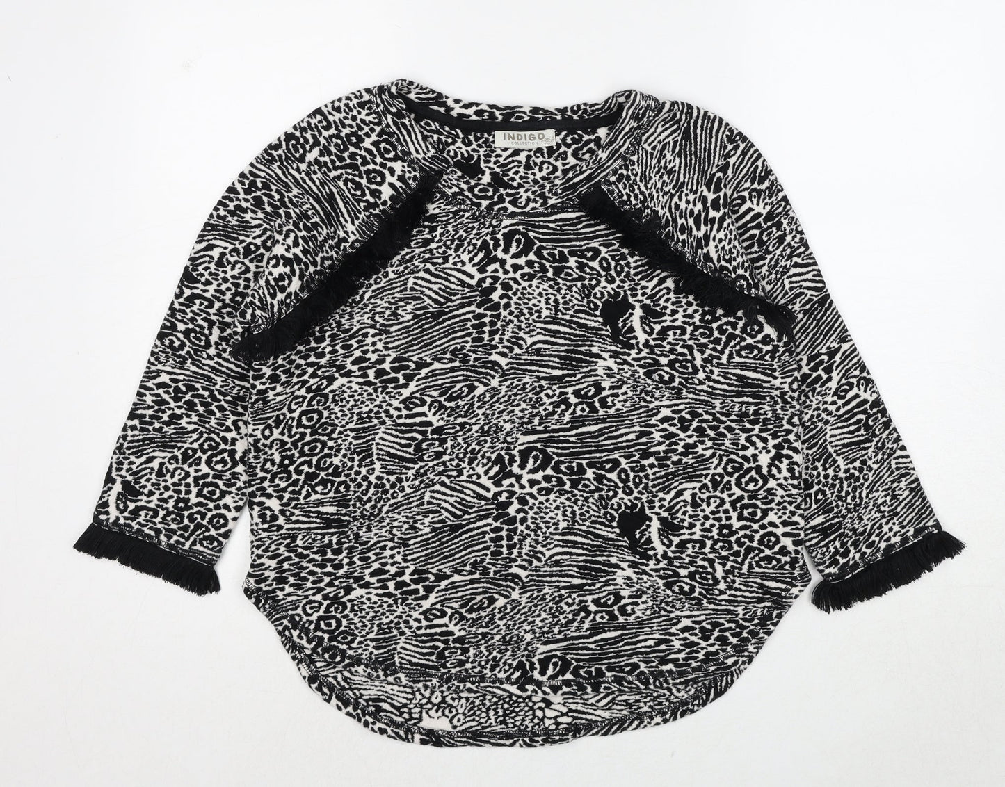 Indigo Womens Black Round Neck Animal Print Cotton Pullover Jumper Size 12 - Tiger Print