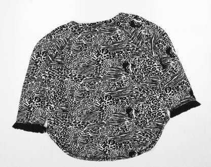 Indigo Womens Black Round Neck Animal Print Cotton Pullover Jumper Size 12 - Tiger Print
