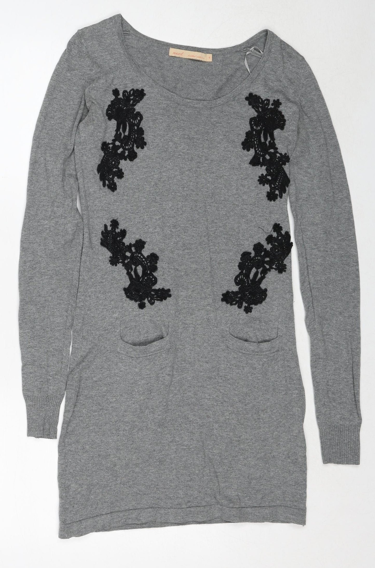 NEXT Womens Grey Cotton Jumper Dress Size 6 Boat Neck Pullover - Crocheted Lace Detail