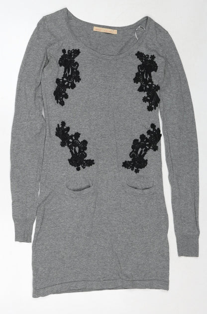 NEXT Womens Grey Cotton Jumper Dress Size 6 Boat Neck Pullover - Crocheted Lace Detail