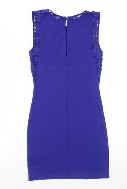 H&M Womens Blue Viscose Bodycon Size 12 Boat Neck Button - Lace Detail