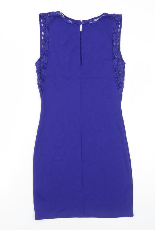 H&M Womens Blue Viscose Bodycon Size 12 Boat Neck Button - Lace Detail