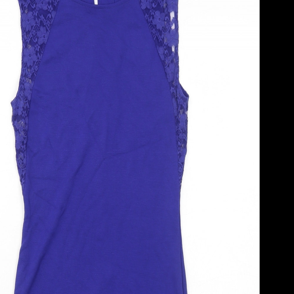 H&M Womens Blue Viscose Bodycon Size 12 Boat Neck Button - Lace Detail