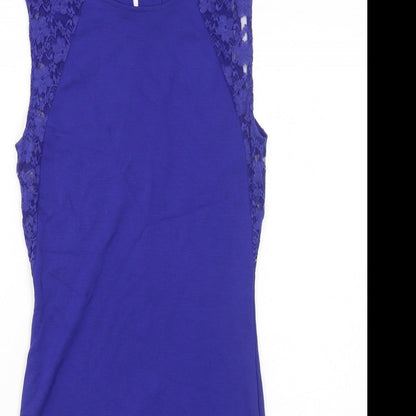 H&M Womens Blue Viscose Bodycon Size 12 Boat Neck Button - Lace Detail