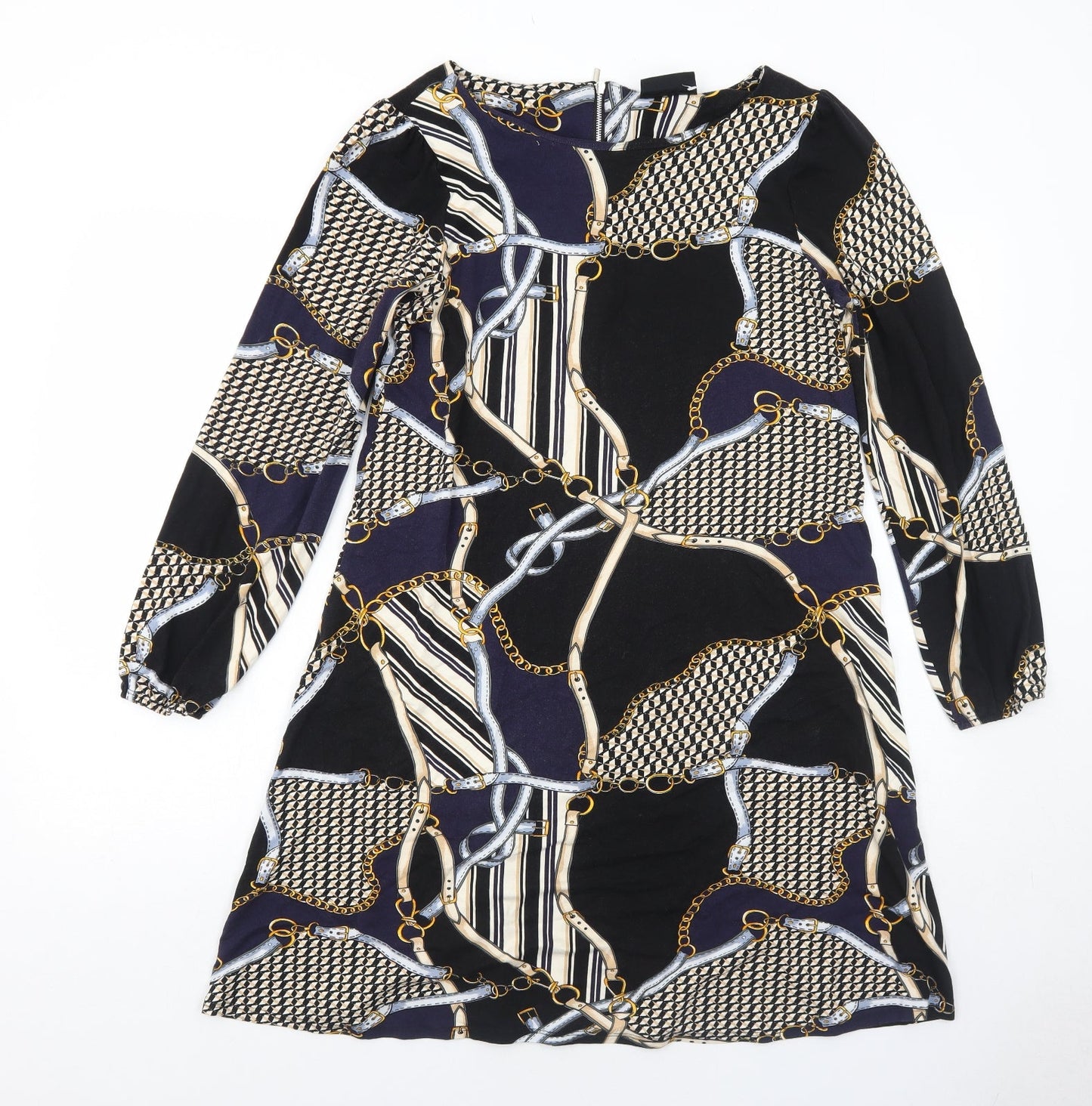 Wallis Womens Black Geometric Viscose Shift Size 10 Round Neck Zip