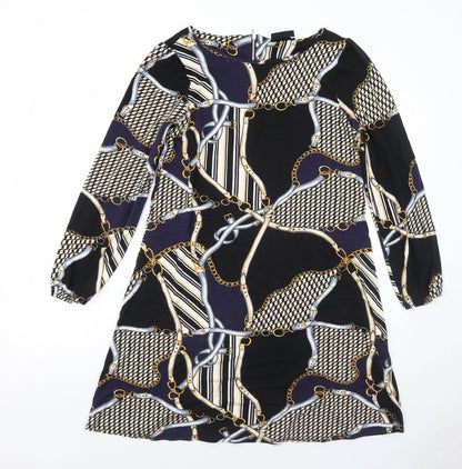 Wallis Womens Black Geometric Viscose Shift Size 10 Round Neck Zip