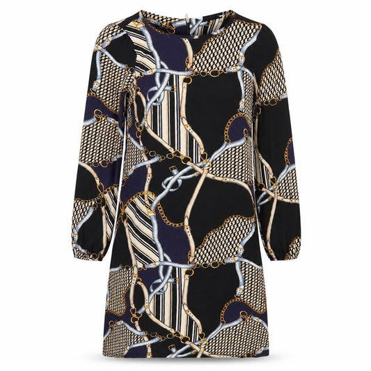 Front view of Wallis women’s black geometric viscose shift, size UK 10, round neck zip