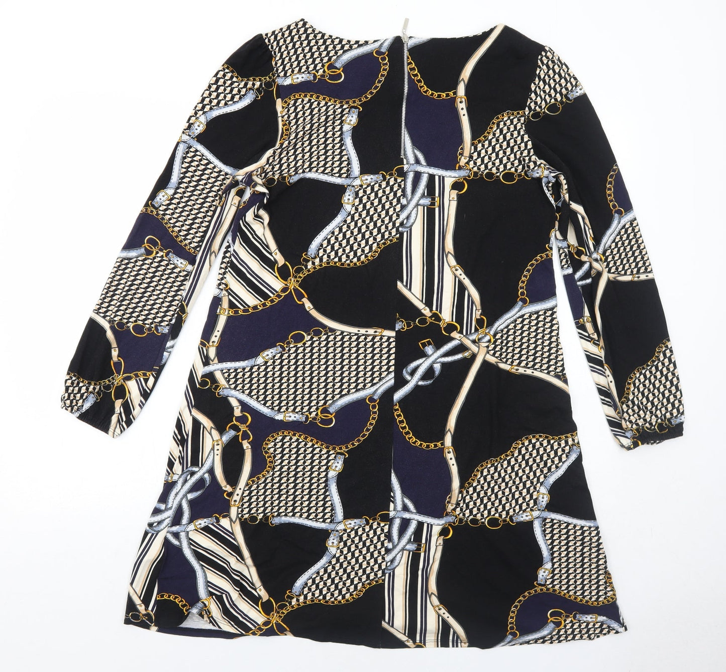 Wallis Womens Black Geometric Viscose Shift Size 10 Round Neck Zip