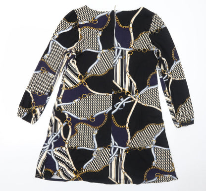 Wallis Womens Black Geometric Viscose Shift Size 10 Round Neck Zip