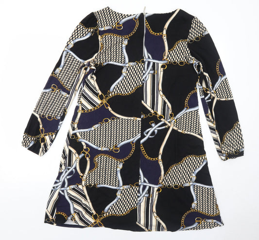 Wallis Womens Black Geometric Viscose Shift Size 10 Round Neck Zip