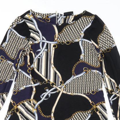 Wallis Womens Black Geometric Viscose Shift Size 10 Round Neck Zip