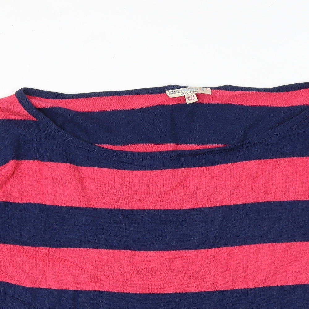 Marks and Spencer Girls Multicoloured Round Neck Striped 100% Cotton Pullover Jumper Size 15-16 Years Pullover