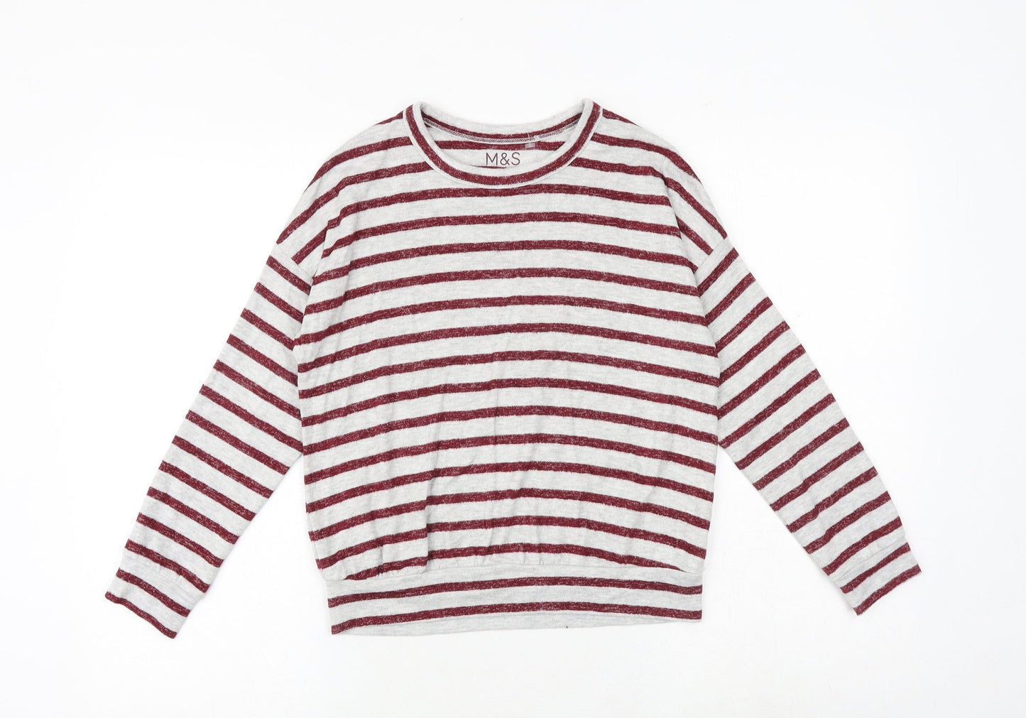 Marks and Spencer Girls Grey Striped Viscose Pullover T-Shirt Size 9-10 Years Boat Neck Pullover